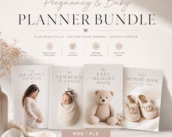 Pregnancy & Baby Memory Bundle | Pregnancy Journal, Newborn Planner, Baby Memory Book, First 5 Years Memory Book | MRR PLR Canva Templates