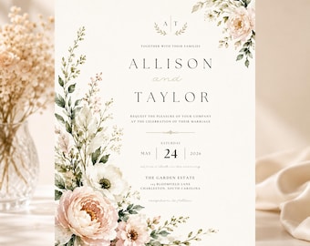 May include: A white wedding invitation card featuring watercolour floral illustrations in shades of blush pink and sage green. The text reads: Allison and Taylor, request the pleasure of your company at the celebration of their marriage, May 24, 2026.