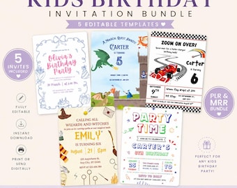 Editable Canva Templates | 5 Kids Birthday Invitation Bundle | PLR MRR Birthday Invites | Digital Download | Party Invitation Bundle | Ca