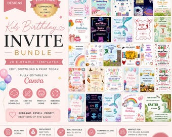 Editable Kids Birthday Invitation Bundle | 20 Canva Templates | PLR MRR Birthday Invites | Editable Party Invitation Bundle