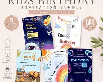 Editable Canva Templates | 5 Kids Birthday Invitation Bundle | PLR MRR Invitations | Digital Download | Birthday Party Invite Bundle