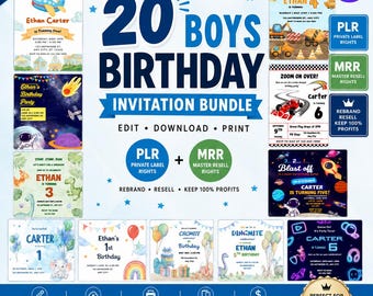 Editable Boys Birthday Invitation Bundle | 20 Canva Templates | PLR MRR Invitation Bundle | Kids Birthday Party Invites | Canva Invite Edit