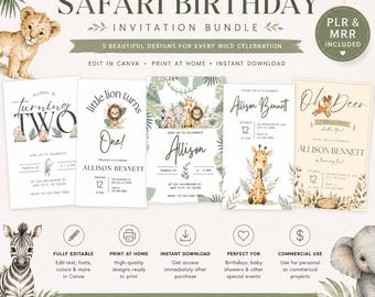 Editable Safari Birthday Invitation Bundle | Wild One Canva Templates | PLR MRR Birthday Invites | Neutral Jungle Party Bundle | lion invite