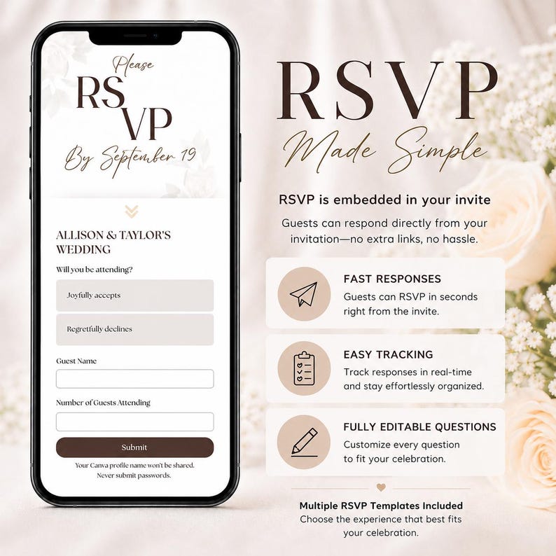Wedding Invite Digital RSVP Music, Track Responses - Invitation Mariage Digital Wedding Invitation Countdown, Customizable Animated Template image 4