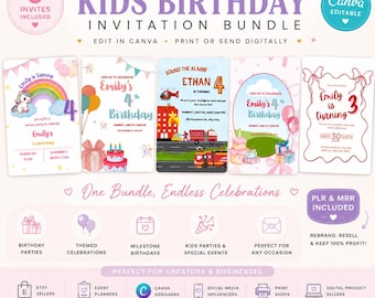 Editable Canva Templates | Party Invitation Templates | 5 Kids Birthday Invitation Bundle | PLR MRR Birthday Invites | Digital Download