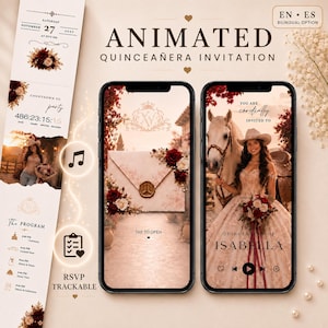 May include: A digital animated Quinceañera invitation displayed on two smartphones. The screens show a floral envelope with a wax seal and a person in a formal gown with a horse. A vertical programme list includes a countdown timer and event details.