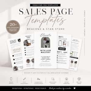 May include: A promotional image for sales page templates. The design features several mockups of sales pages with text such as "Elevate with Luxe Mastery" and "What's Included." The image also includes icons for mobile-friendly, customizable, and drag & drop features.