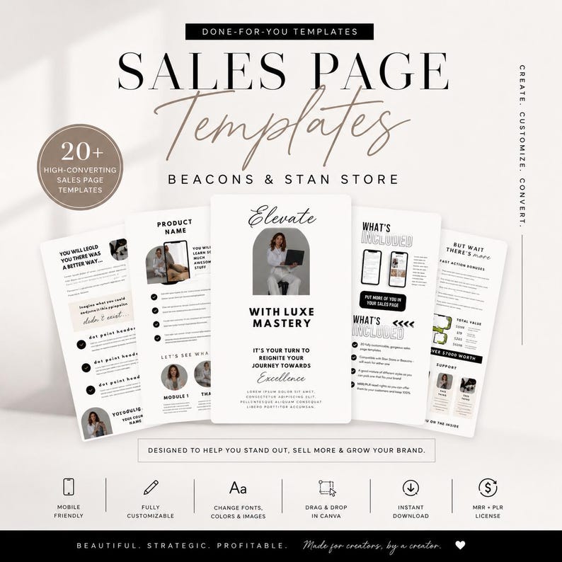 May include: A promotional image for sales page templates. The design features several mockups of sales pages with text such as "Elevate with Luxe Mastery" and "What's Included." The image also includes icons for mobile-friendly, customizable, and drag & drop features.