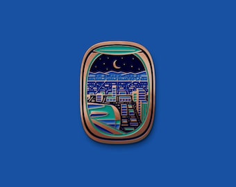 Mainland Enamel Pin (Airplane Window Seat of Nighttime Cityscape)