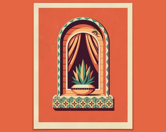 May include: A rectangular art print featuring an arched window with a terracotta orange background. The window frame has teal and cream geometric tile patterns. Inside, a potted succulent sits on the sill, framed by draped curtains and a small lizard.