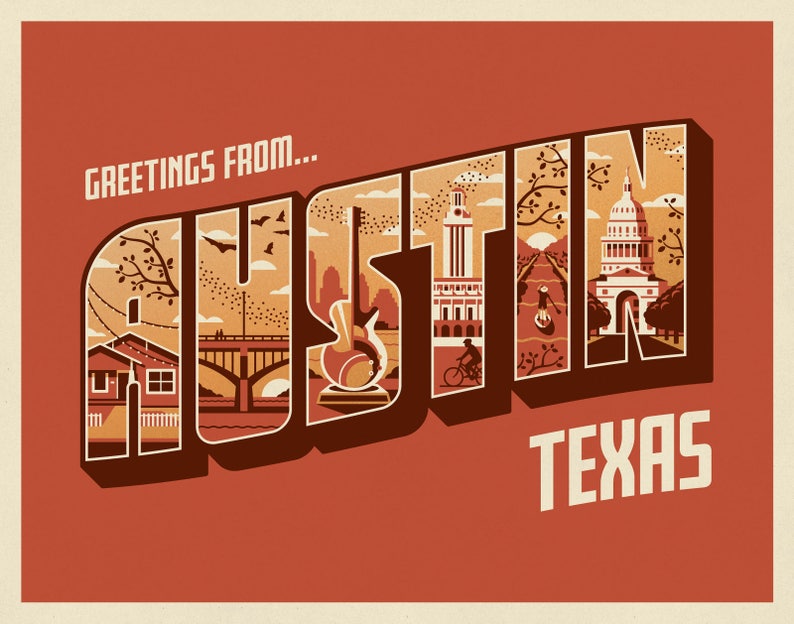 Greetings From Austin Texas 14x11 Screen Print Etsy