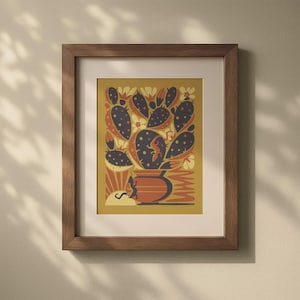 Könnte beinhalten: Ein gerahmter Kunstdruck mit einer stilisierten Illustration eines Kaktus in einem Terrakotta-Topf. Das Kunstwerk verwendet eine Palette aus Senfgelb, Marineblau und Orange. Der Druck ist in einem Holzrahmen mit weißem Passepartout eingefasst.