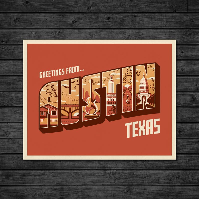 Greetings From Austin Texas 14x11 Screen Print Etsy