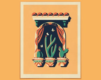 May include: A rectangular art print on a light orange background featuring a dark arched window with red curtains. Three potted cacti in patterned containers sit on the ledge. Two small white butterflies are visible near the green cacti.