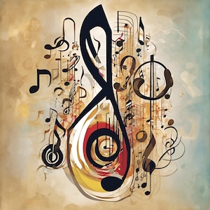 May include: Abstract artwork featuring a large black treble clef intertwined with musical notes and symbols. The background has a textured, painterly effect with warm tones of beige, red, and yellow, contrasted by a cool blue gradient.