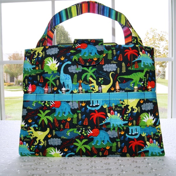 Dinosaur Activity Bag Child Grandkids, Coloring Book Crayon Cotton Organizer Handmade, Personalized Luggage Tag Available
