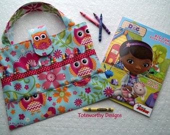 Owls:  Coloring Supplies Tote, Child Gift, Organizer Crayons, Markers, Paper