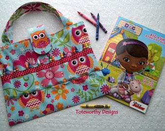 Coloring Supplies Bag, Owl Fabric, Child Crayon Tote, Storage Bag Crayons Markers