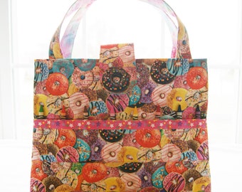 Children Activity Bag, Donuts Themed Cotton Fabric, Crayon Holder, Storage Tote Coloring Books