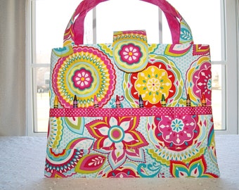 Coloring Books Crayons Storage Tote, Gift Children Seniors, Bright Colorful Flowers, Cotton Fabric Bag