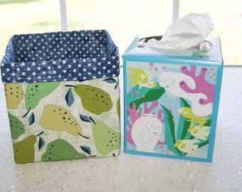 Contenedor de tela de algodón: soporte para caja de pañuelos, tamaño 5" x 5" x 5", color azul verdoso pera