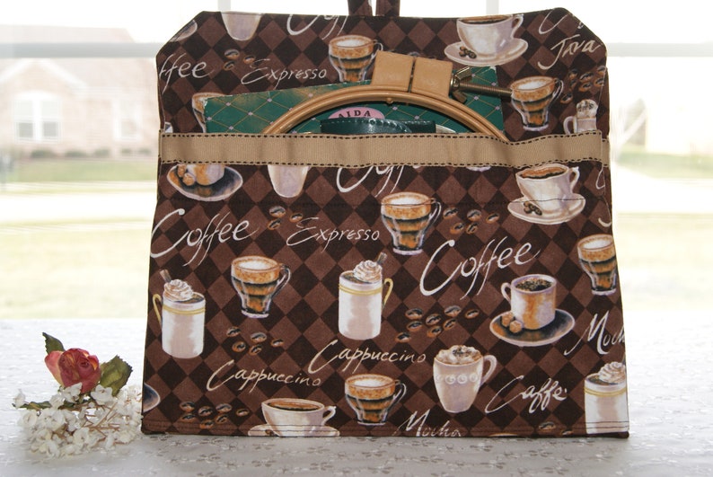 Coffee Lover Fabric Sewing Pouch, Embroidery Thread Organizer, Bag Pockets Sewing Notions, Crafter's Gift image 1