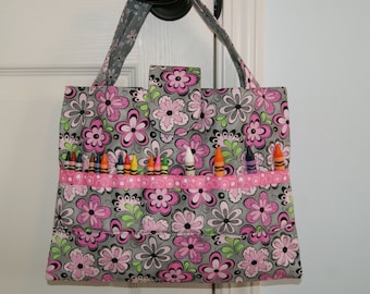 Child Activity Bag:  Pink, Gray Flowers, Coloring Supplies Organizer