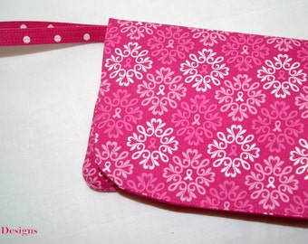 Breast Cancer Awareness Wristlet - Hand Held Clutch - Small Cotton Ladies Bag - Unique Gift