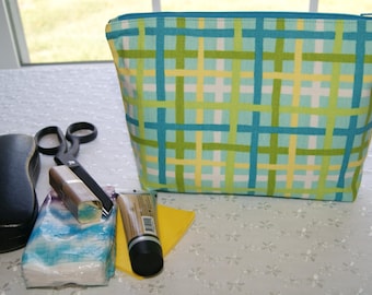 Bolsa de almacenamiento con cremallera: cuadros azules y verdes, artículos personales, bolsa de fondo plano