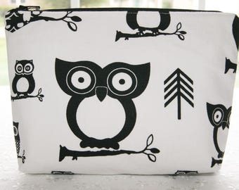 Bolsa con cremallera de búho, tela de algodón blanco y negro, bolsa con cremallera de búhos