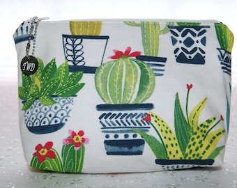 Zipper Pouch Cactus, Cotton Purse Bag, Make Up Pouch, Flat Bottom Zipper Bag