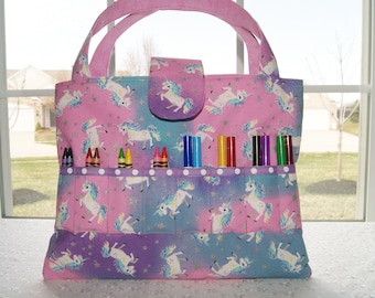 Unicorn Activity Tote Bag: Coloring Book & Crayon Organizer