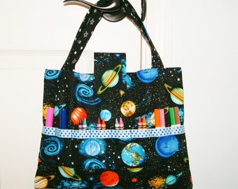 Cotton Tote Storage Coloring Supplies, Coloring Book Crayons Bag, Travel Activity Bag, Tote Straps Pockets, Galaxy Theme Fabric