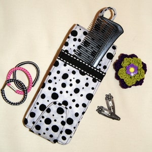 Bolso pequeño para el cuidado del cabello, tamaño cartera, porta pasadores, blanco y negro, porta cintas para el cabello, peines, pinzas para el cabello, lazos, regalo para niña