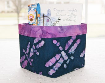 Cotton Bin 4 x 4 x 4 inches, Dragonflies, Handmade Fabric Square Container, Small Catch All Bin