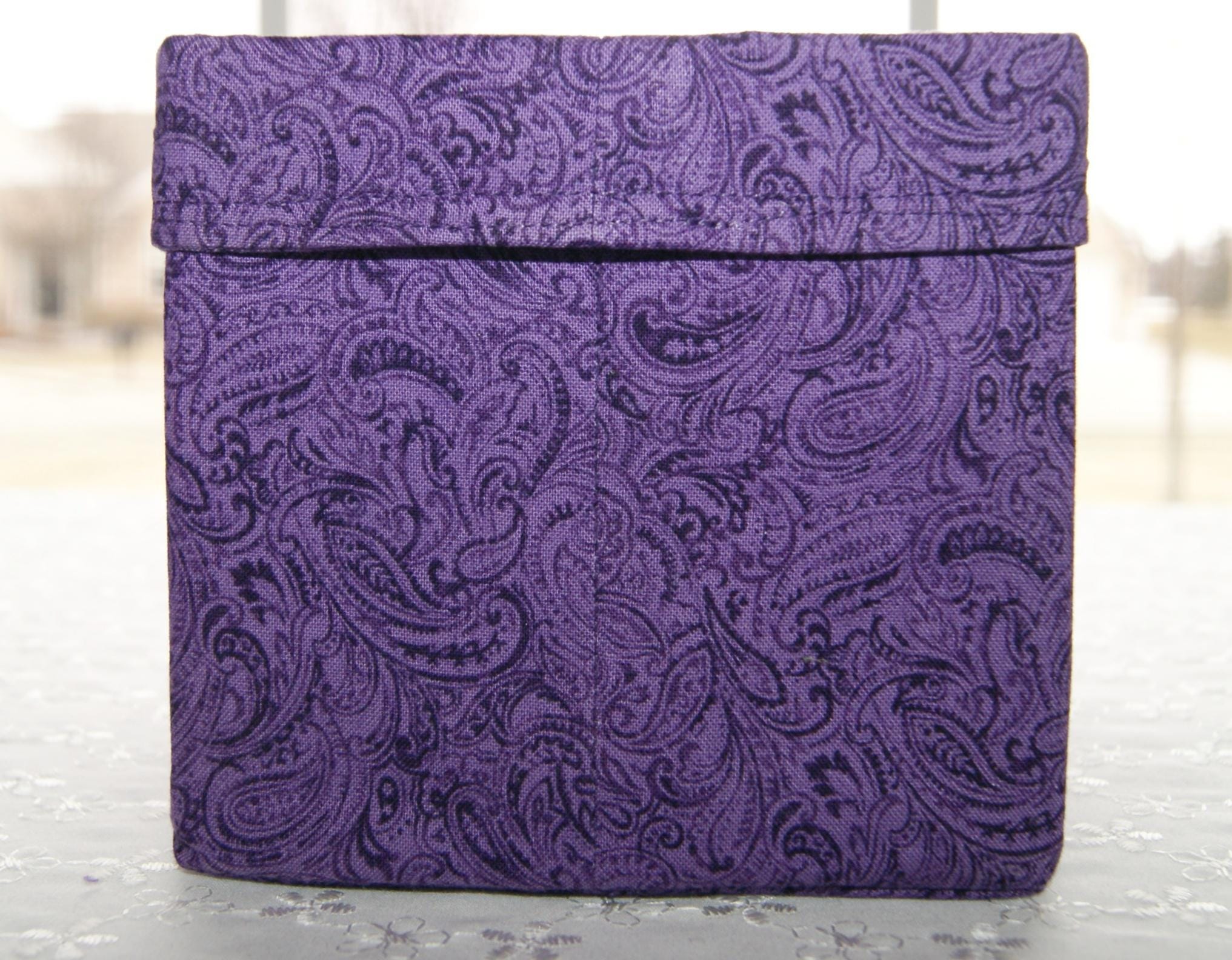 Paisley Purple Bin, Cotton Fabric Container, Handmade, Size 5"W x 4 1/2" T x 5" D