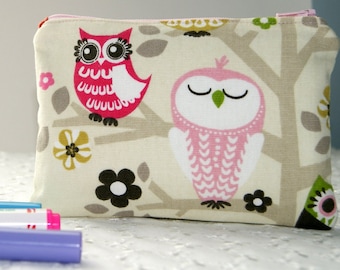 Estuche con cremallera de búho: pequeño estuche de viaje de algodón, accesorio para bolso