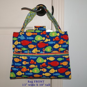Cotton Tote Straps Pockets - Coloring Books Crayons Organizer - Child Storage Bag - Fish Rainbow