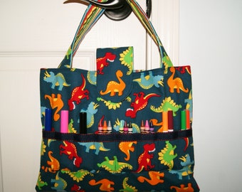 Child Activity Bag, Storage Bag Coloring Supplies, Crayons Markers Organizing Tote, Blue Dinosaurs