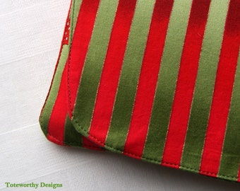 Small Wristlet in Holiday Colors - Green and Red Striped Cotton Fabric - Woman's Hand Held Clutch - Ladies Evening Bag - Purse with Strap