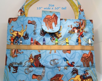 Storage Bag Child Coloring Supplies - Kid's Pouch Pockets Crayons Markers - Cowboy Theme Fabric