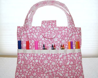Coloring Crayons Organizer, Pink White Bunnies Flowers, Child Gift, Activity Bag Straps, Kids Art Tote