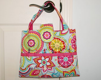 Bolsa para colorear, crayones y libros: regalo para niños y adultos mayores, flores grandes, bolsa de tela de algodón, bolsillos y correas.