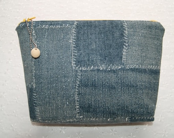 Bolsa vaquera con cremallera hecha a mano: bolsa de sarga de algodón con forro floral