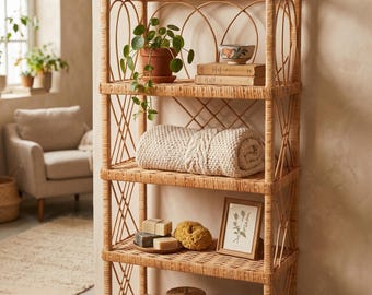Wicker Shelf, Storage Shelf, Rattan Bookcase, Plant Shelf Shelving Unit, Boho Wicker Furniture Organizer For Living Room Or Entryway Decor