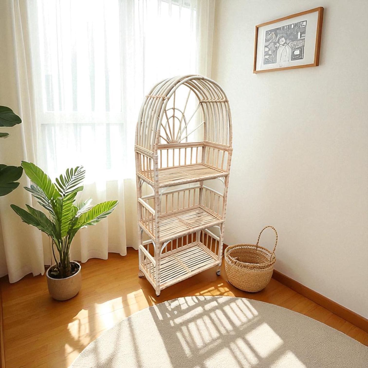 アーチ型ラタンシェルフ、4段ウィッカー本棚、玄関、キッチン、寝室