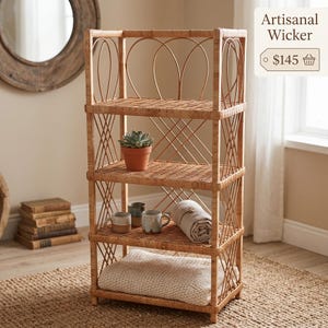 May include: A natural wicker shelf unit with four shelves. The shelves hold a potted succulent, two mugs, a rolled-up blanket, and a folded blanket. The shelf unit has a decorative design on the sides and is placed on a woven rug.