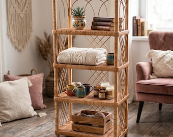 Hoge rieten opbergplank, handgemaakte plank voor planten, decor, boeken, rieten meubels voor thuisorganisatie, plank in bohostijl