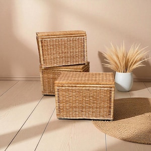 Eco Friendly Wicker Storage Basket with Lid, Chest for Toys, Clothes, Large Rectangular Woven Organizer for Playroom,Living Room, or Bedroom