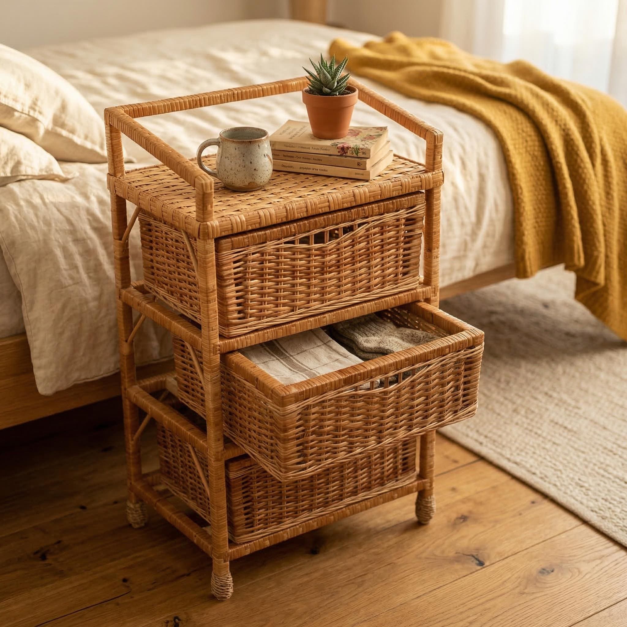 Kleiner Weiden Nachttisch, Rattan Schrank Tisch Für Pflanzen Oder Bücher, Boho Möbel Lagerung Regal Organizer Für Schlafzimmer oder Wohnzimmer Dekor